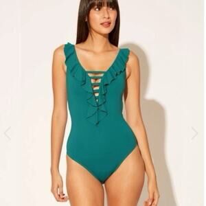 Bleu Rod Beattie One Piece Swimsuit Womens 12 Teal Plunge Ruffle Ladder Detail